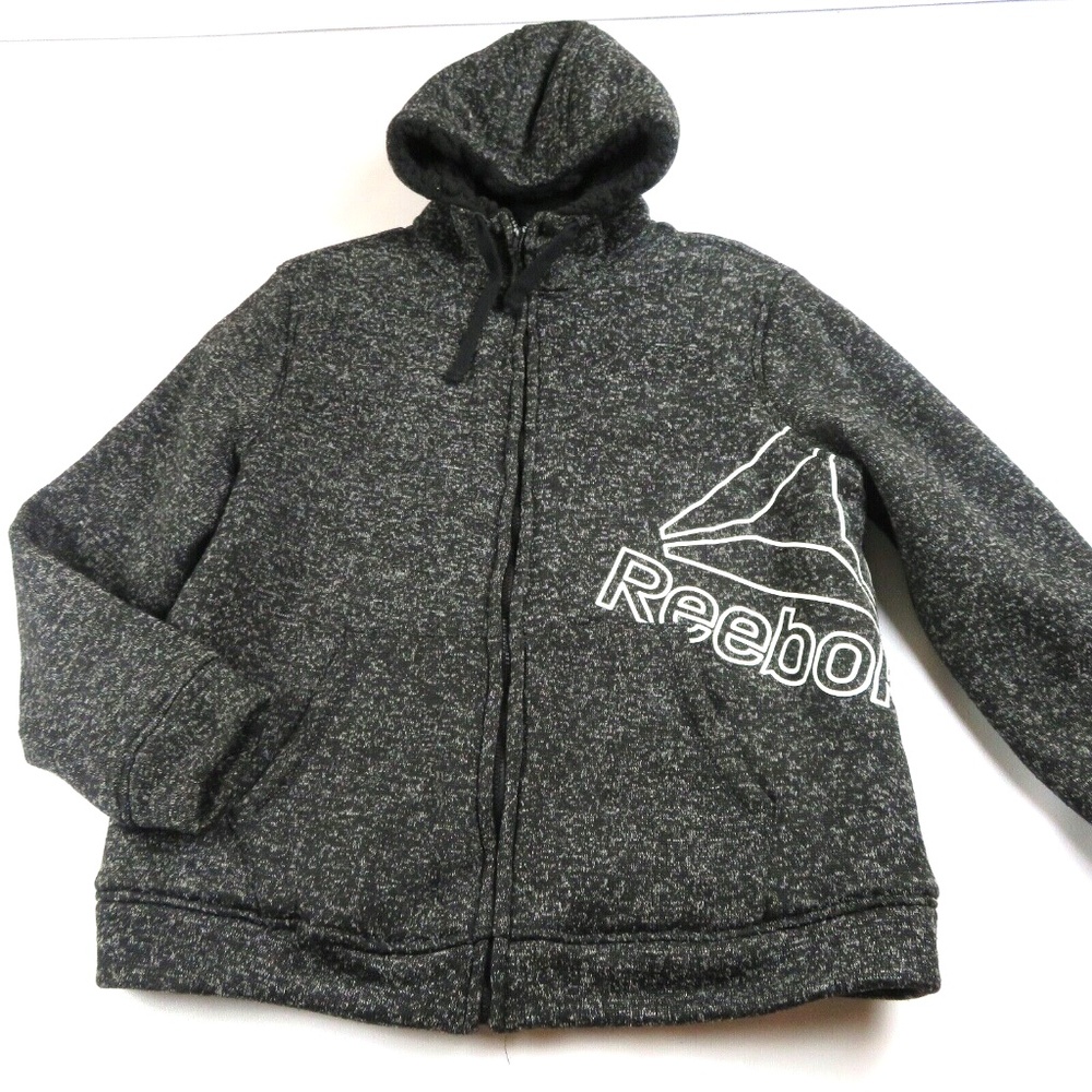 REEBOK marbled black faux sherpa lined knit zip-up hooded Jacket Size XL